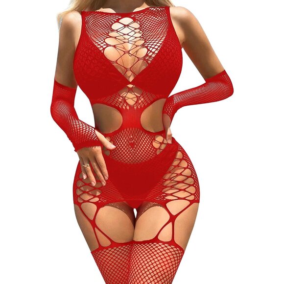 Seductive Red Fishnet Lingerie Set for Women - Plus Size Teddy Bodysuit - Picture 1 of 6